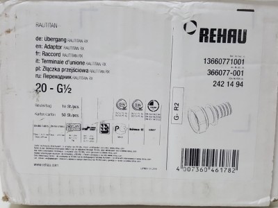 366077-001 Переходник с накидной гайкой Rehau Rautitan RX 20 x 1/2" В